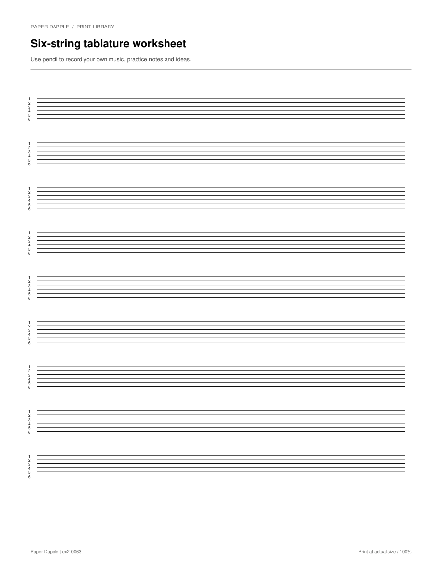 Preview of Six-string tablature worksheet