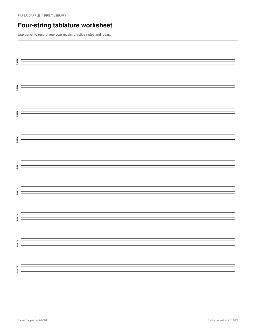 Preview of Four-string tablature worksheet