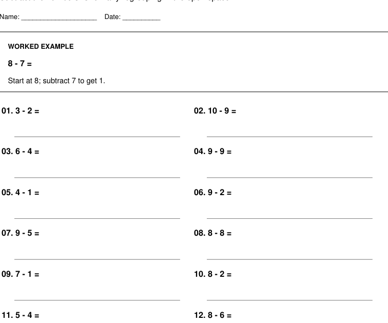 Actual PDF preview of subtraction practice worksheets