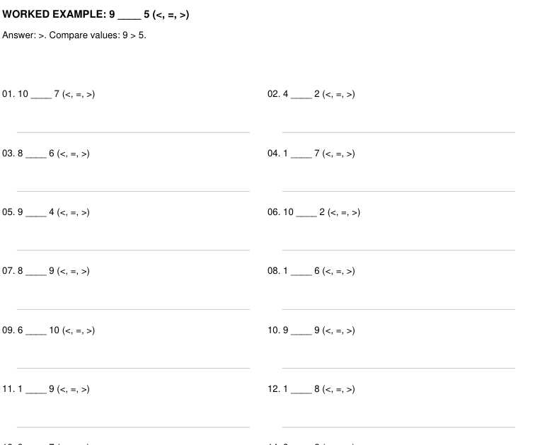 Preview of Number Comparison practice worksheets