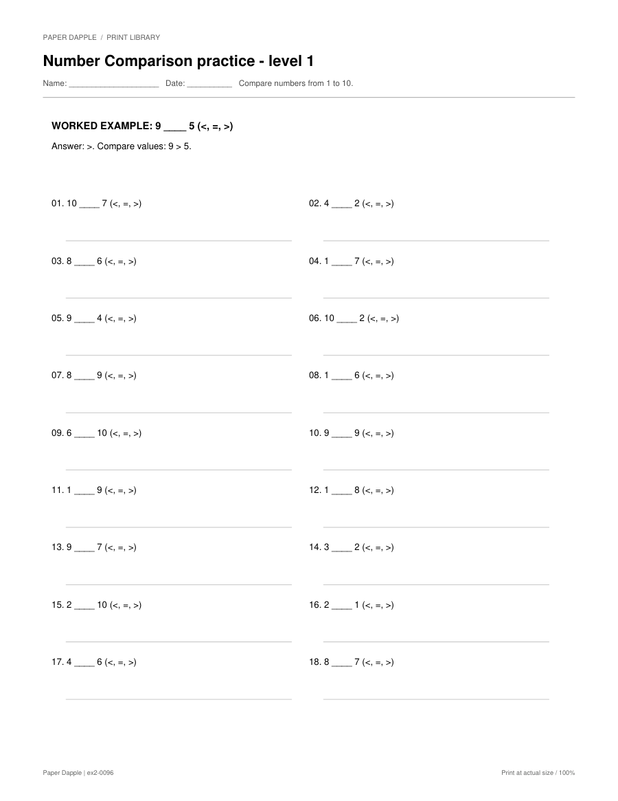 Preview of Number Comparison practice worksheets
