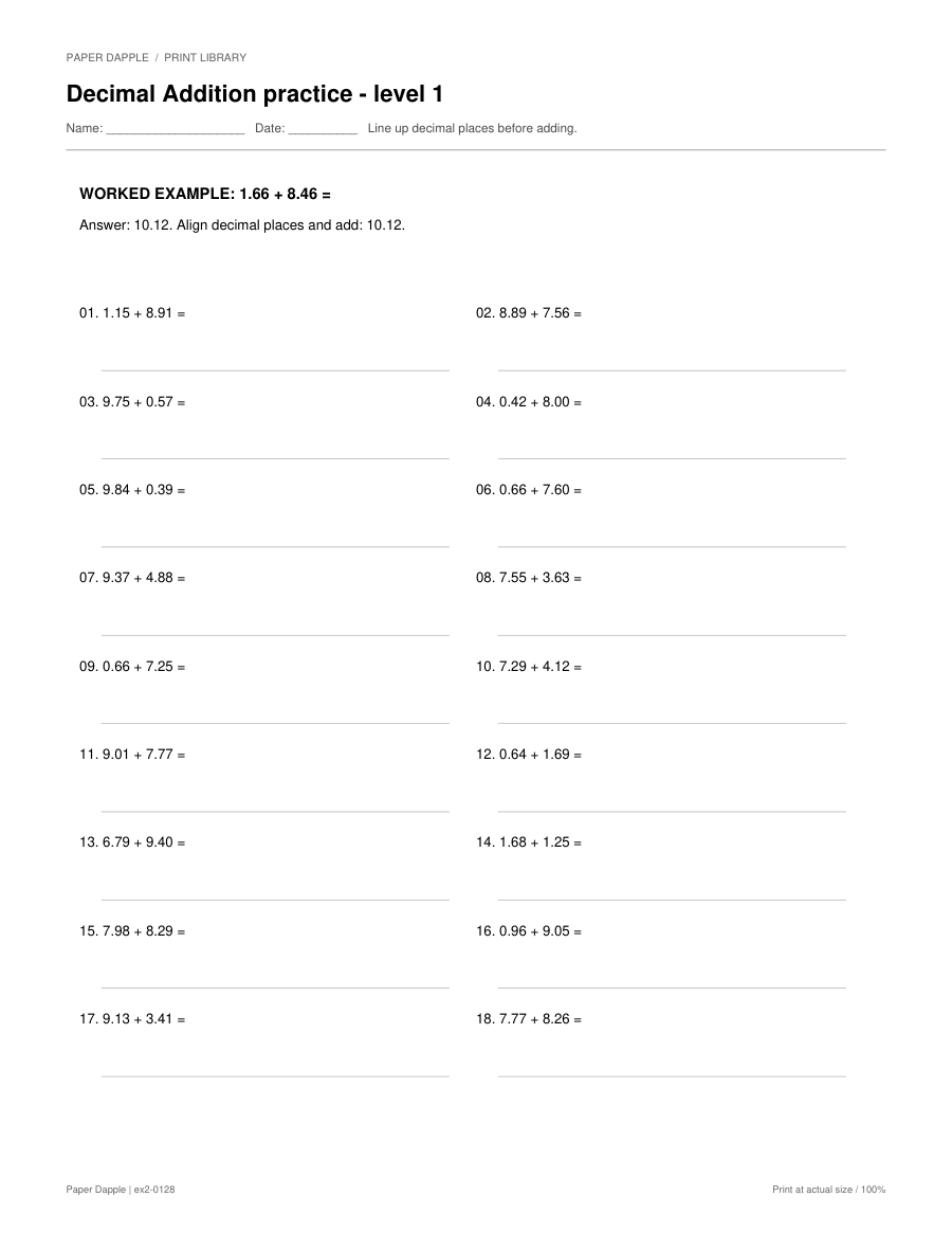 Preview of Decimal Addition practice worksheets