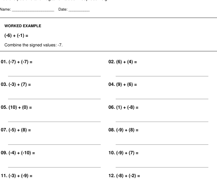 Actual PDF preview of signed-number addition practice worksheets