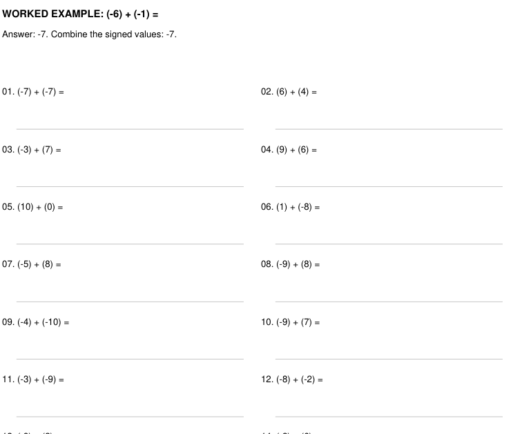 Preview of Signed-Number Addition practice worksheets