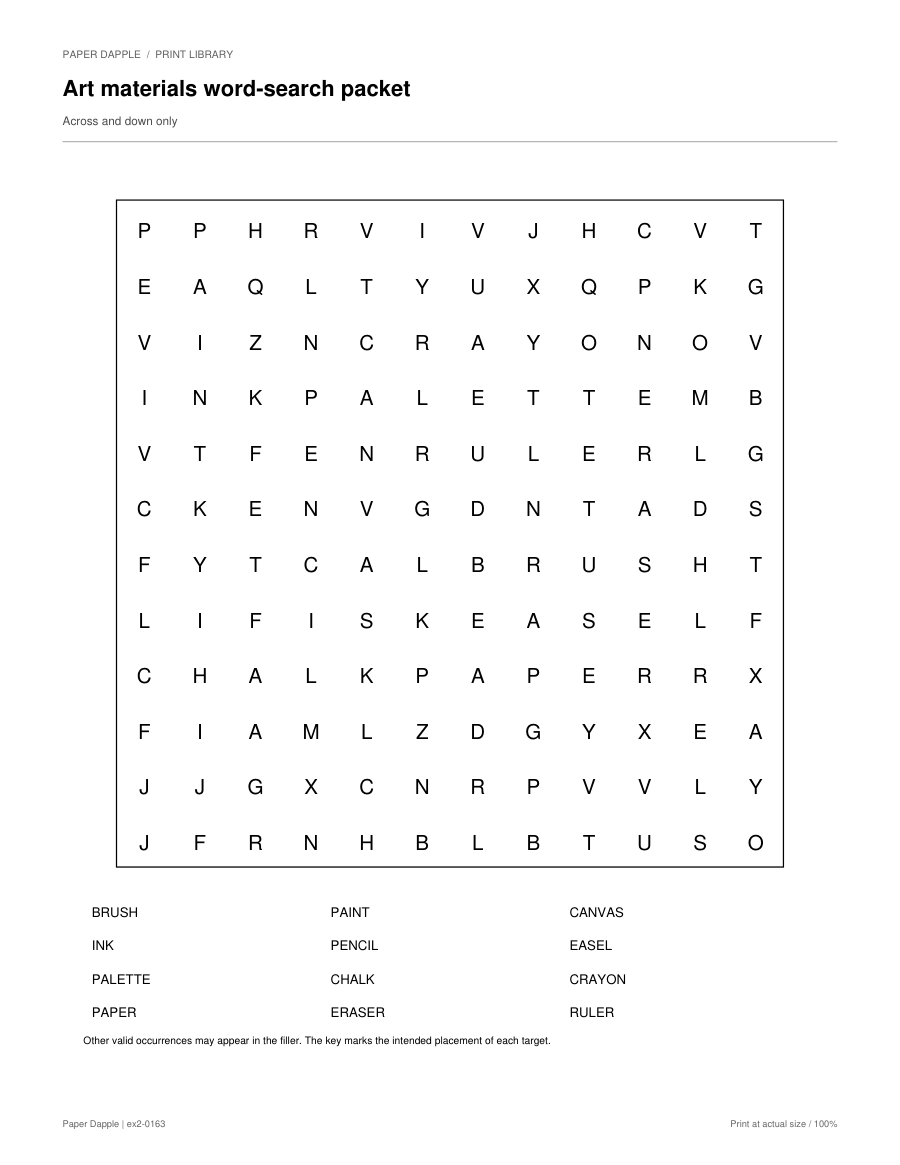 Preview of Art materials word-search packet
