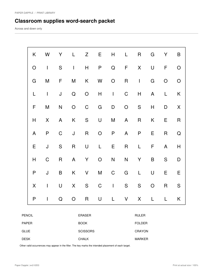 Preview of Classroom supplies word-search packet