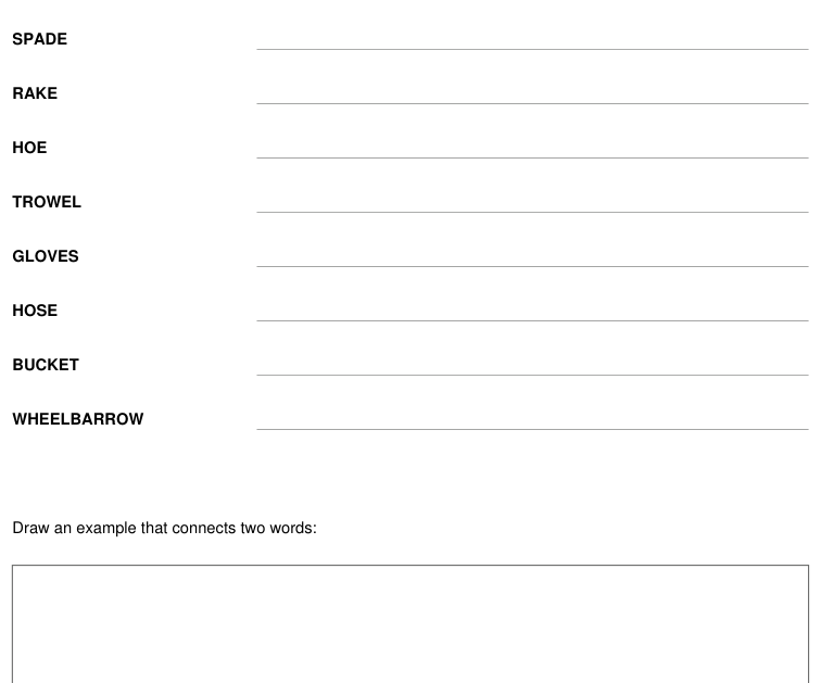 Preview of Garden tools vocabulary and drawing sheet