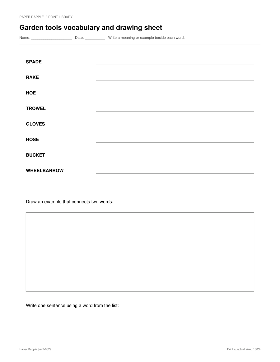 Preview of Garden tools vocabulary and drawing sheet