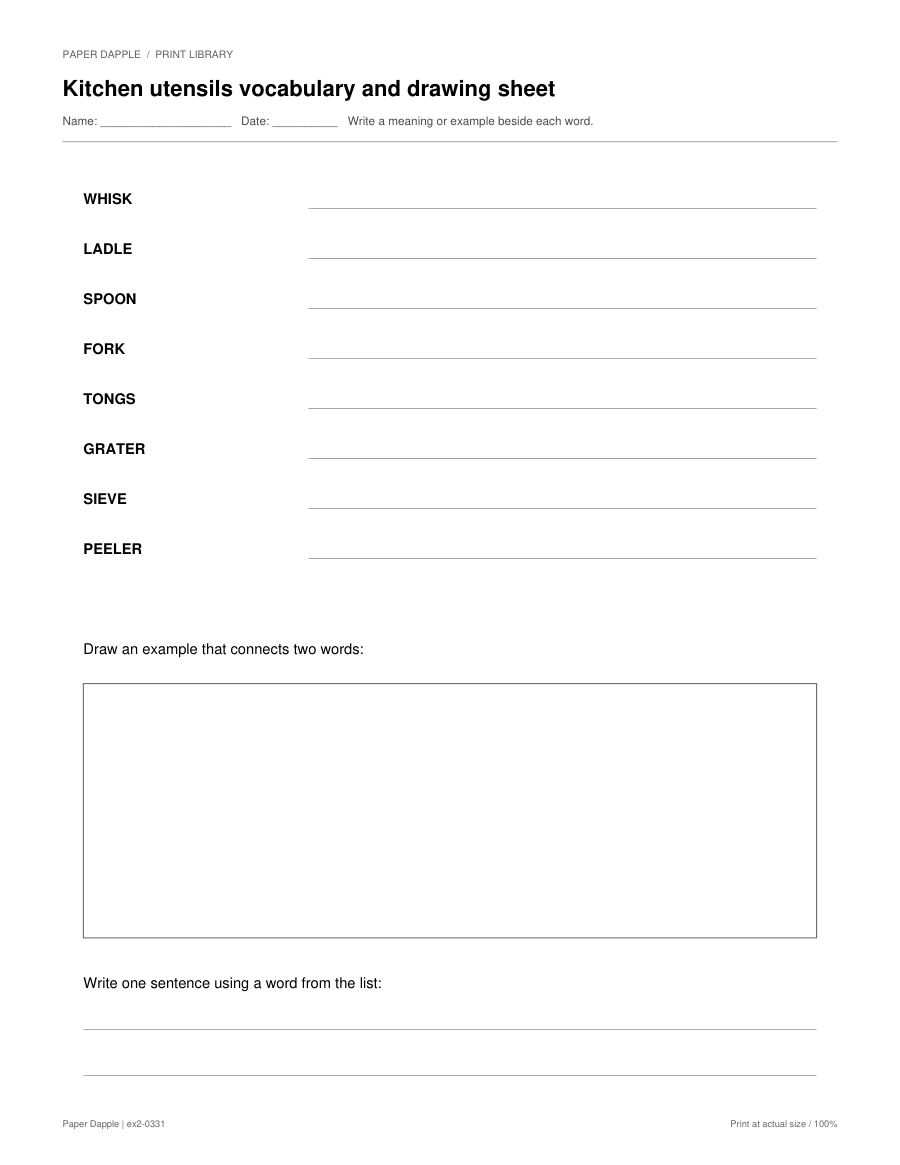 Preview of Kitchen utensils vocabulary and drawing sheet