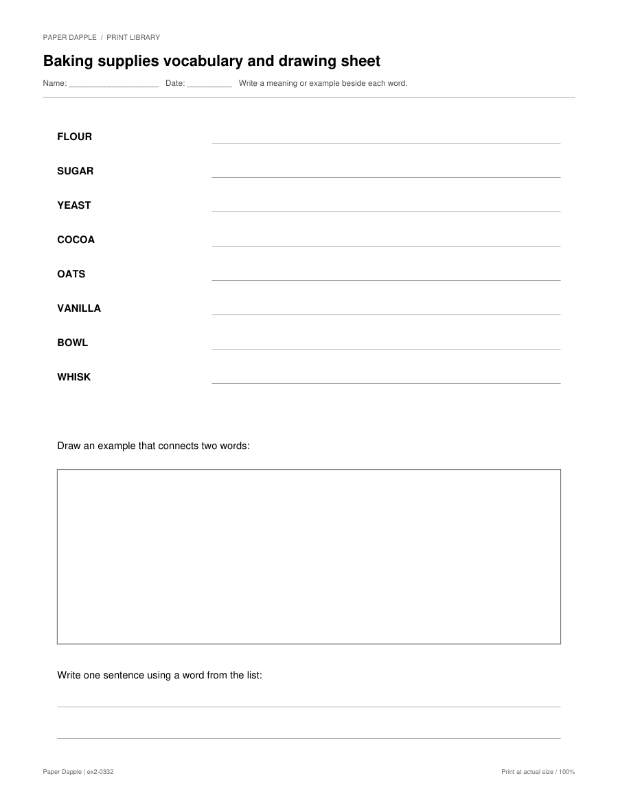 Preview of Baking supplies vocabulary and drawing sheet