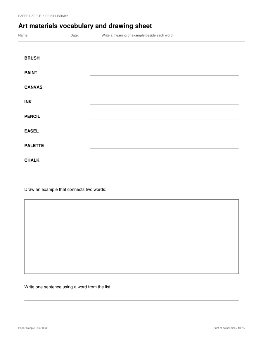 Preview of Art materials vocabulary and drawing sheet