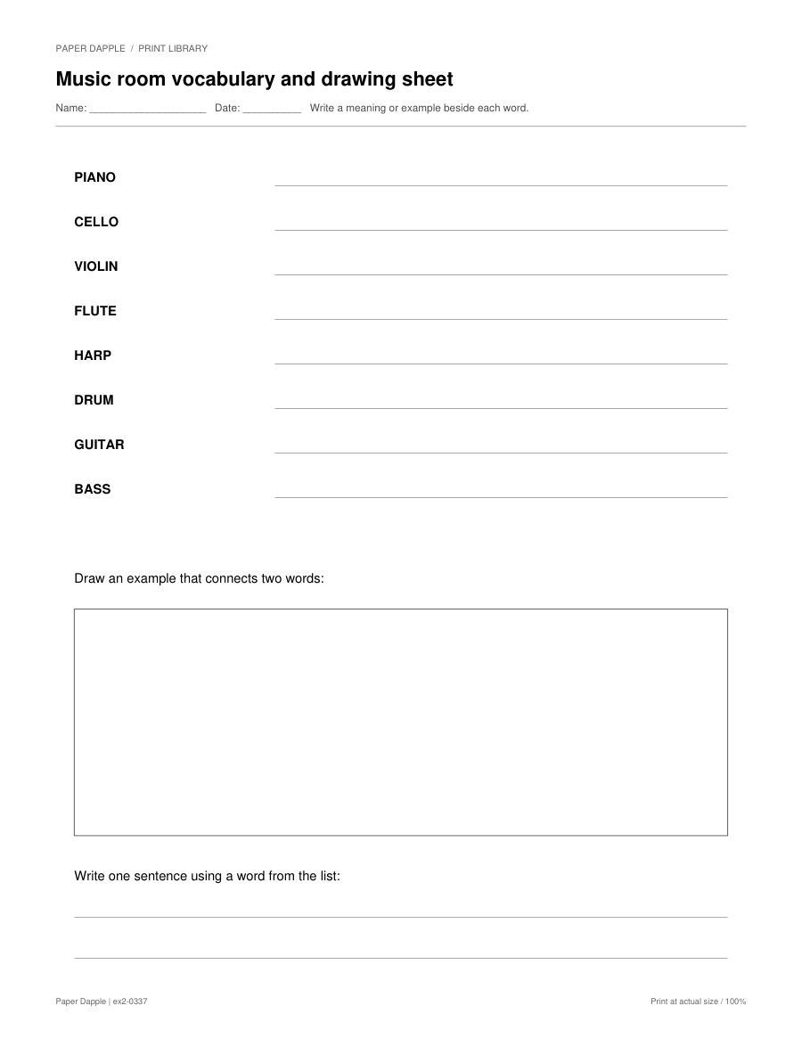 Preview of Music room vocabulary and drawing sheet