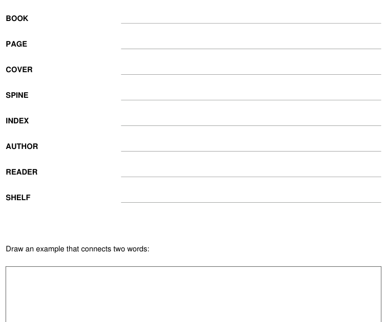 Preview of Library shelves vocabulary and drawing sheet
