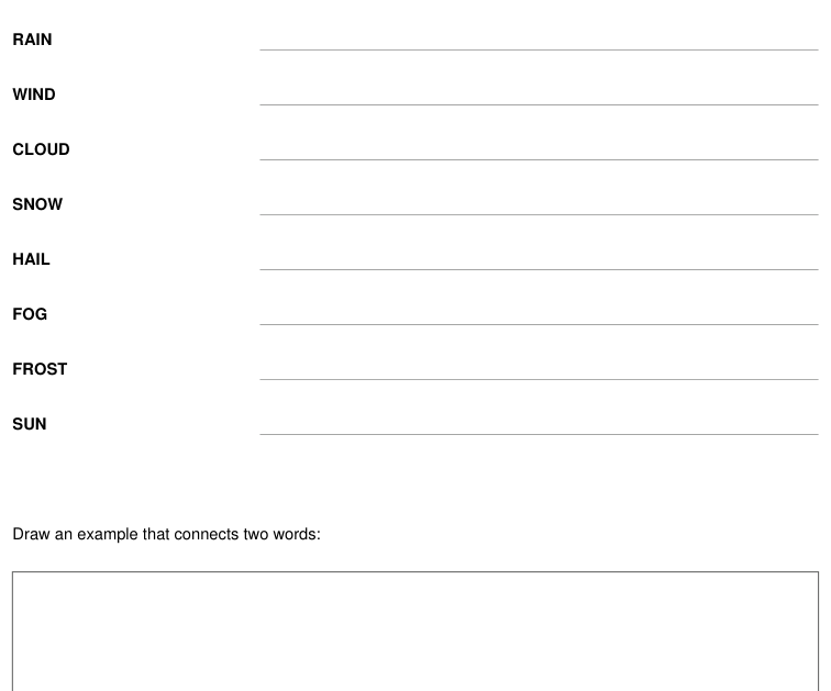 Preview of Weather words vocabulary and drawing sheet