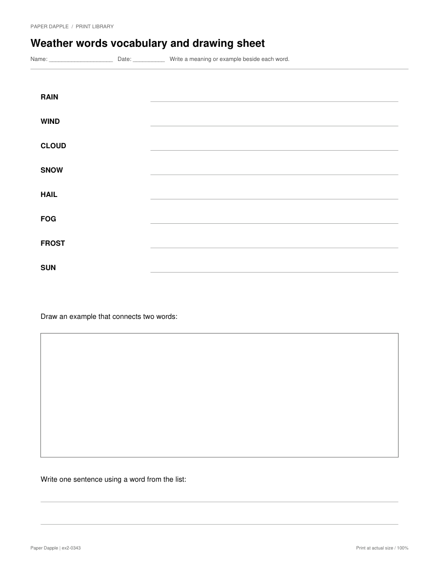 Preview of Weather words vocabulary and drawing sheet