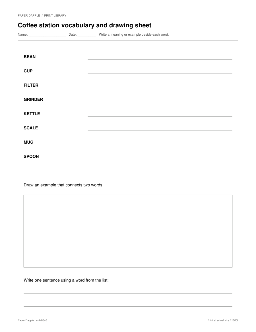 Preview of Coffee station vocabulary and drawing sheet