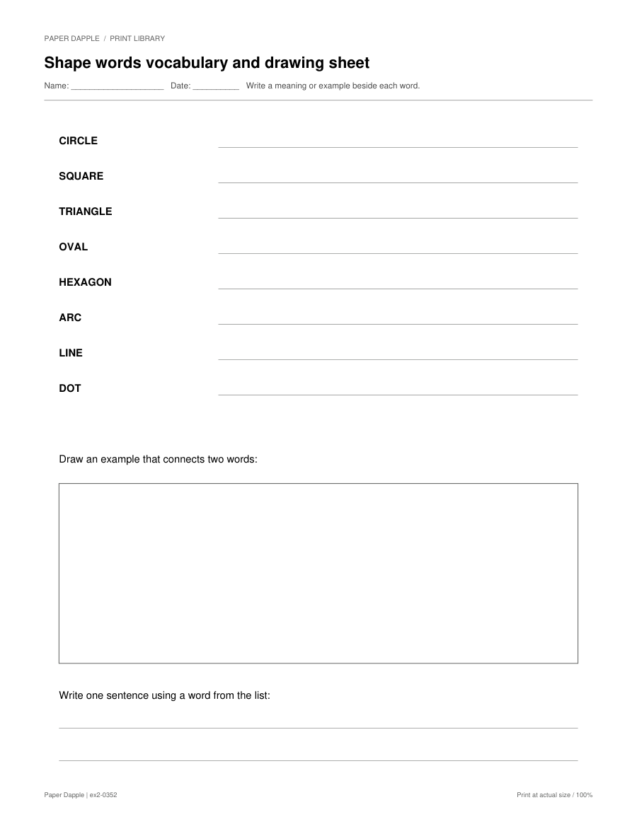Preview of Shape words vocabulary and drawing sheet