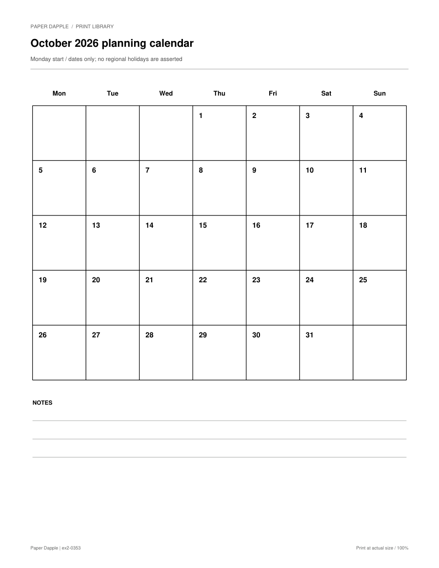 Preview of October 2026 planning calendar