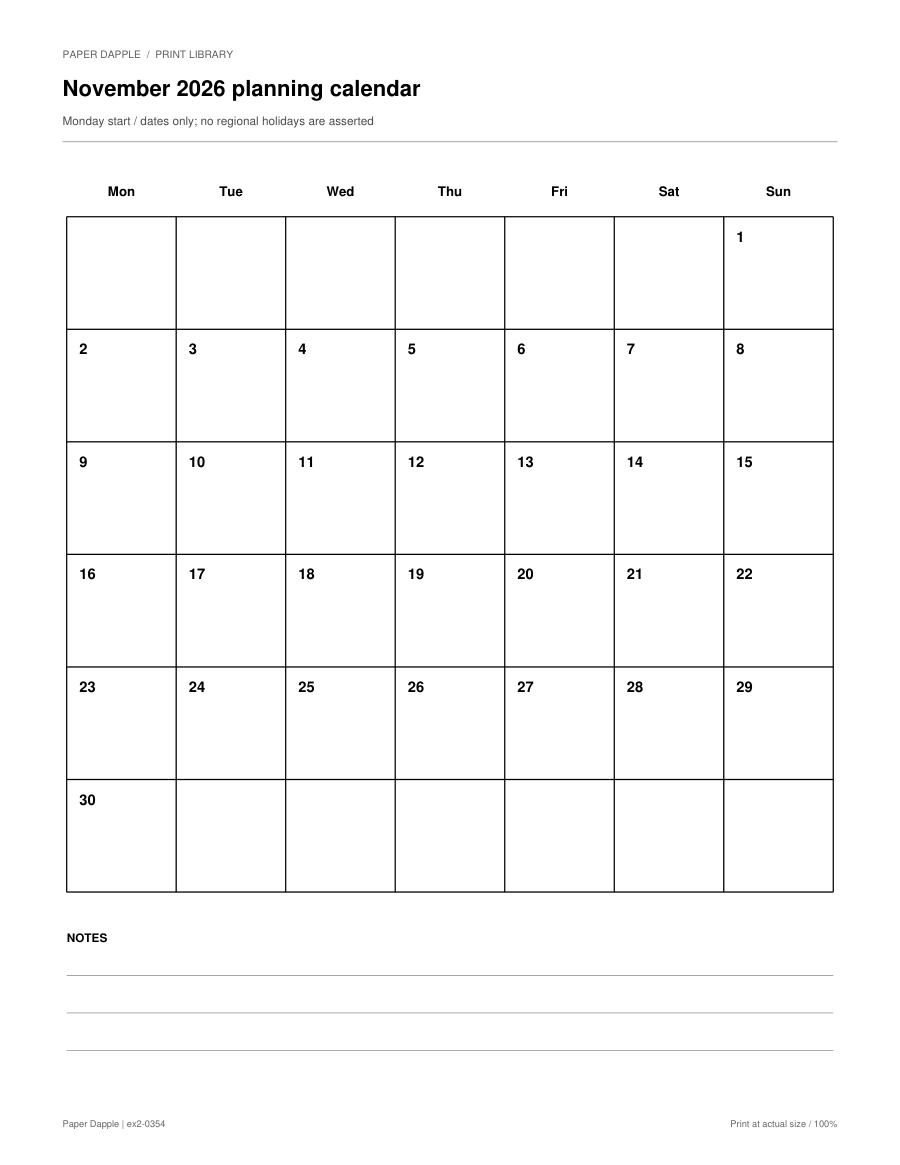 Preview of November 2026 planning calendar
