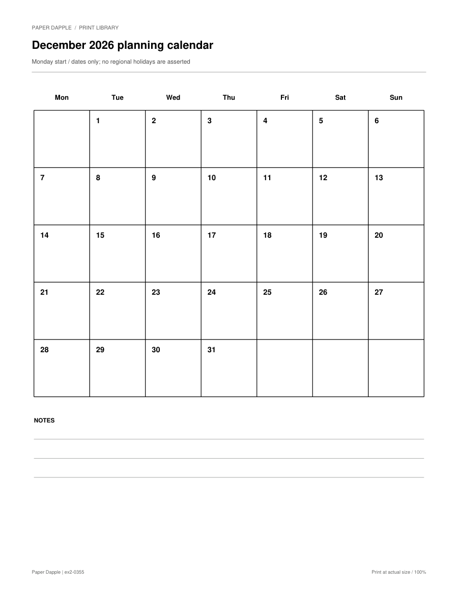 Preview of December 2026 planning calendar