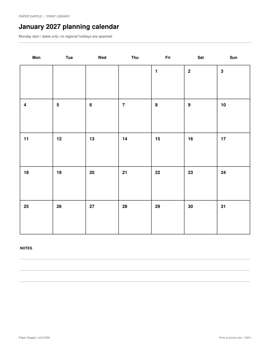 Preview of January 2027 planning calendar