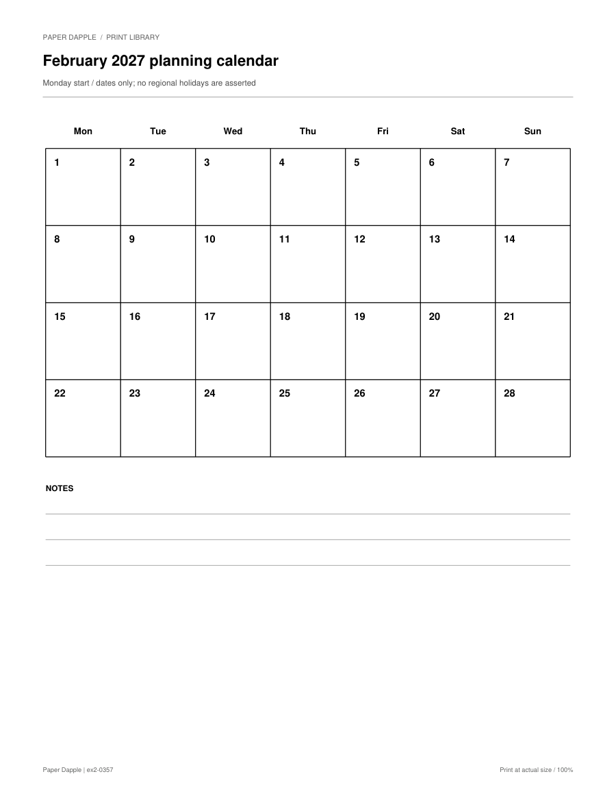 Preview of February 2027 planning calendar