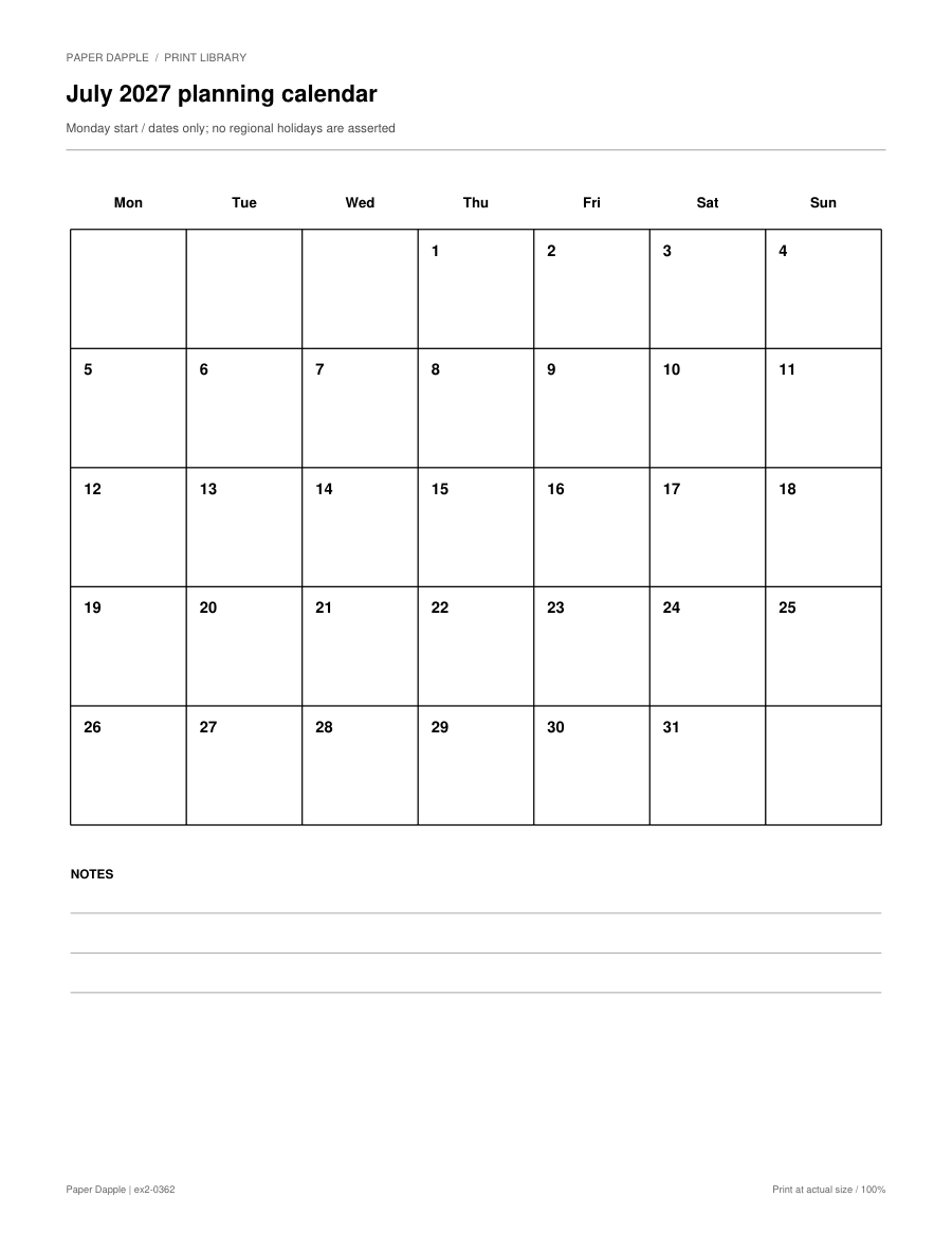 Preview of July 2027 planning calendar