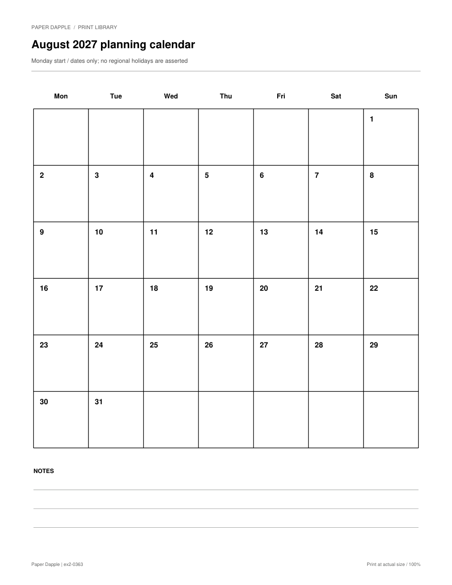 Preview of August 2027 planning calendar