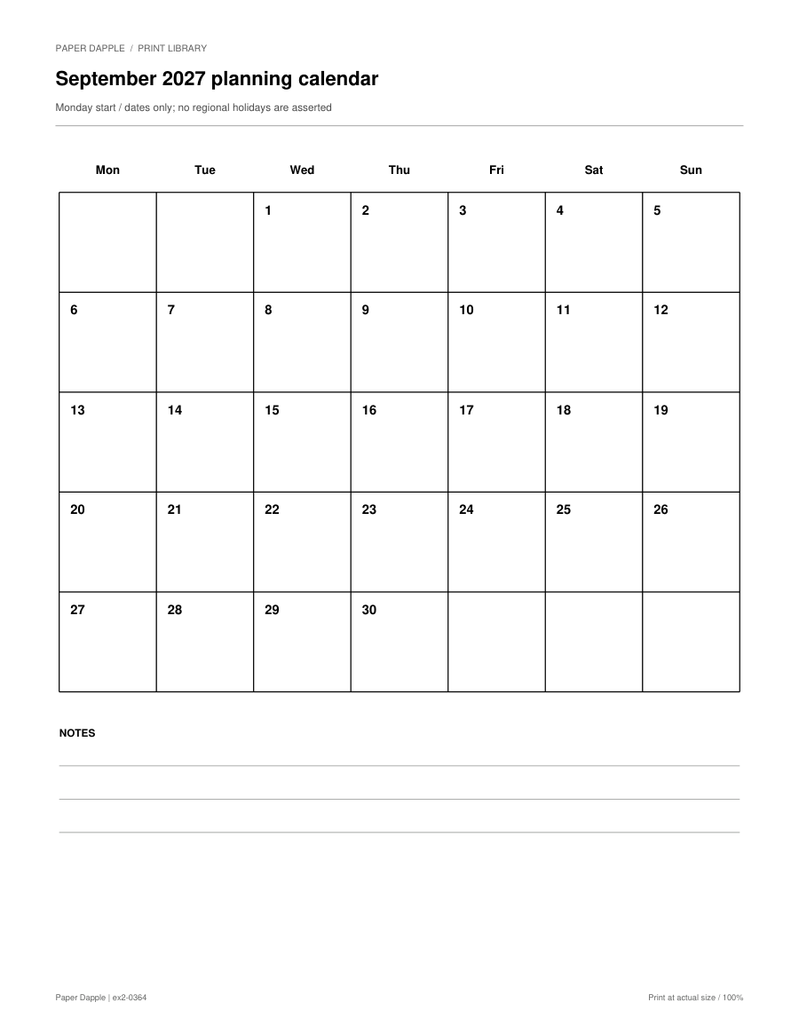 Preview of September 2027 planning calendar
