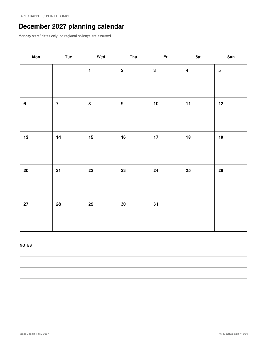 Preview of December 2027 planning calendar