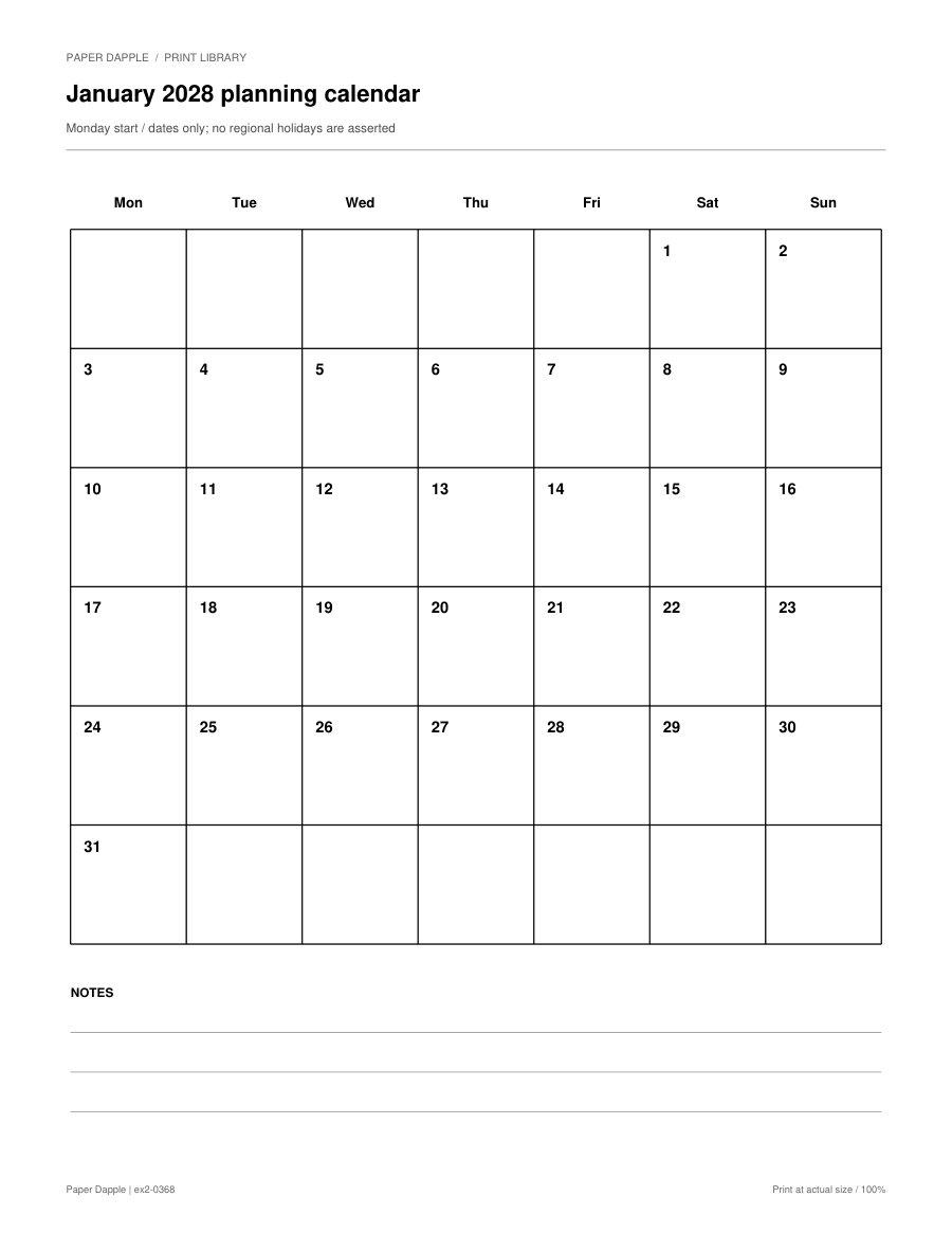 Preview of January 2028 planning calendar