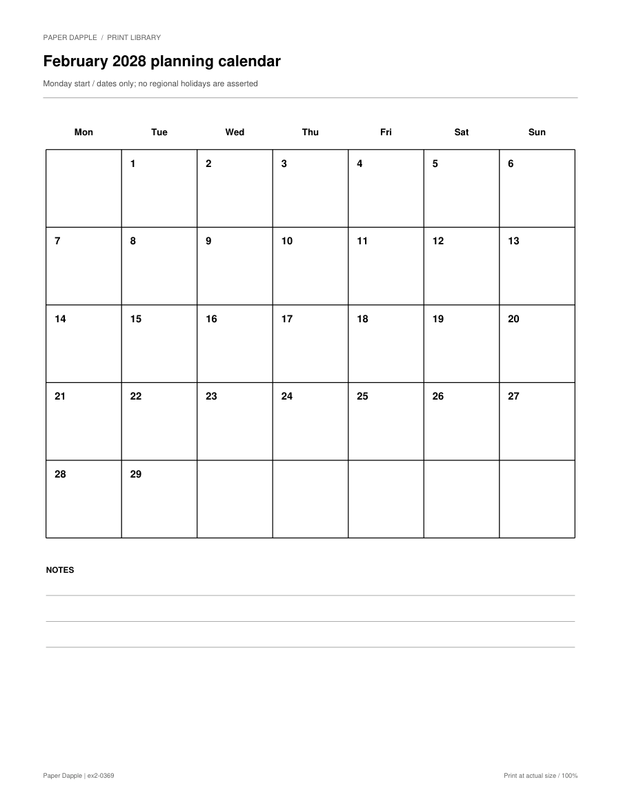 Preview of February 2028 planning calendar