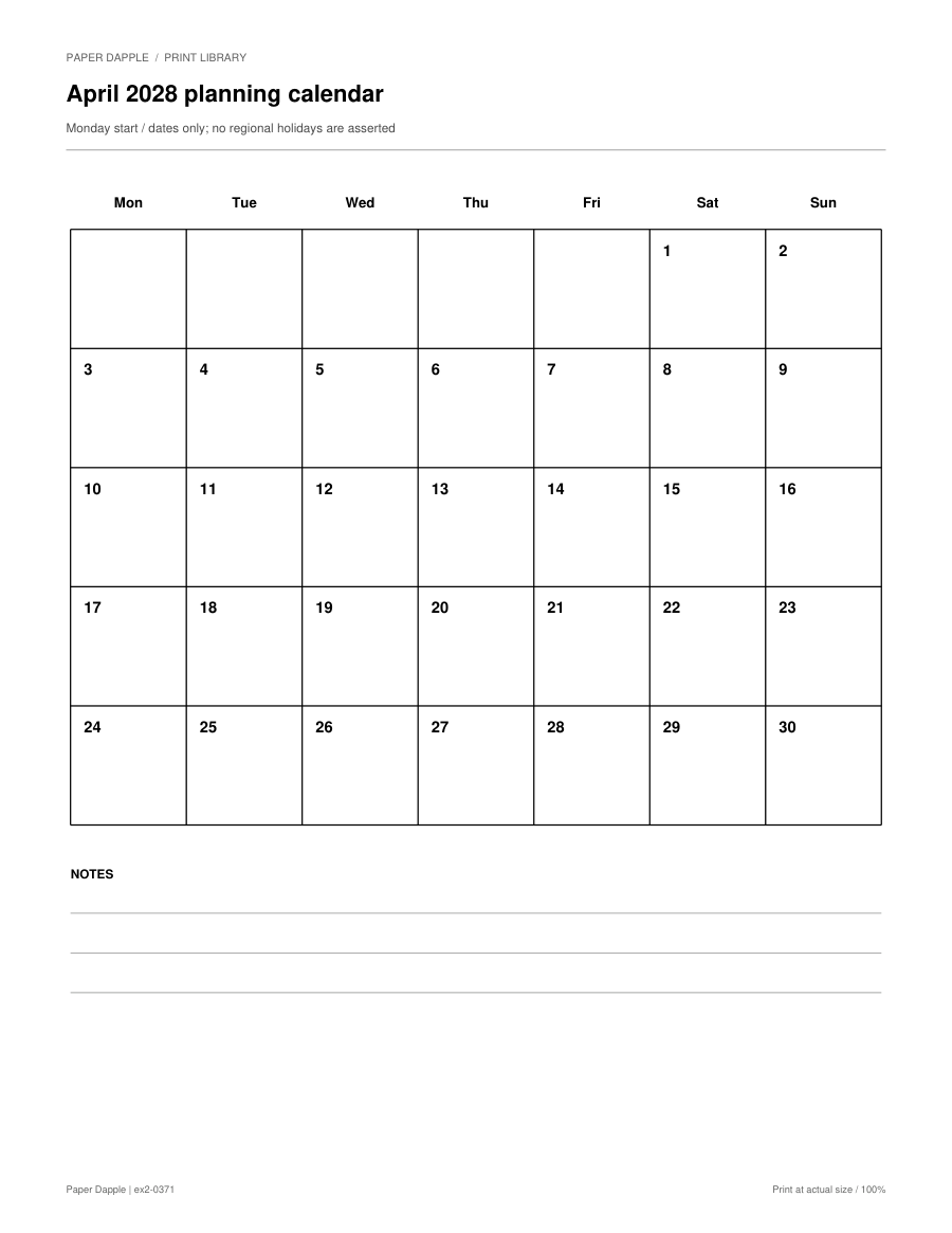 Preview of April 2028 planning calendar