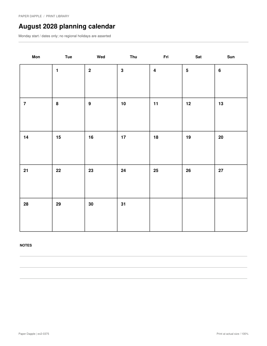 Preview of August 2028 planning calendar