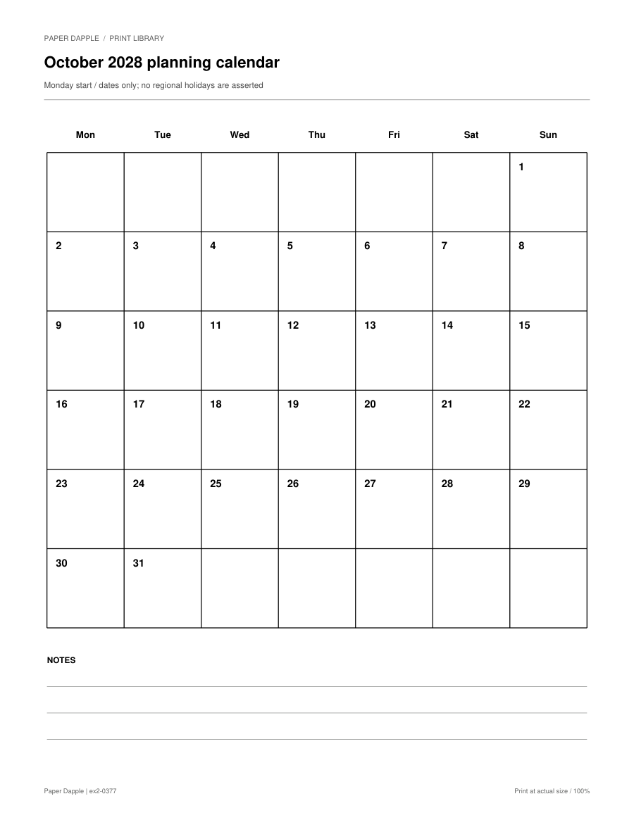 Preview of October 2028 planning calendar