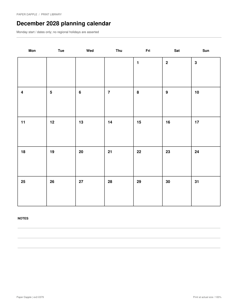 Preview of December 2028 planning calendar