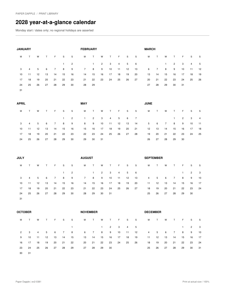 Preview of 2028 year-at-a-glance calendar