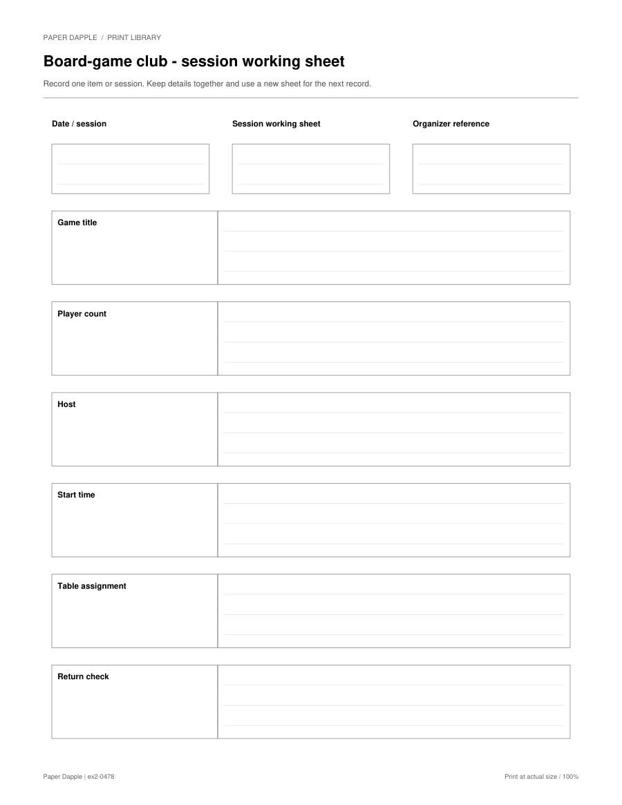 Preview of Board-game club - session working sheet