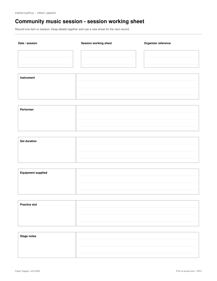 Preview of Community music session - session working sheet