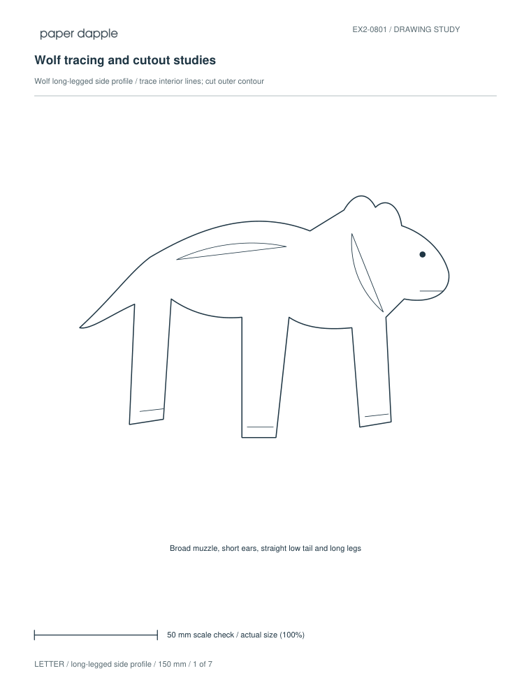 Actual PDF preview of wolf tracing and cutout studies, showing tall ears and sweeping tail