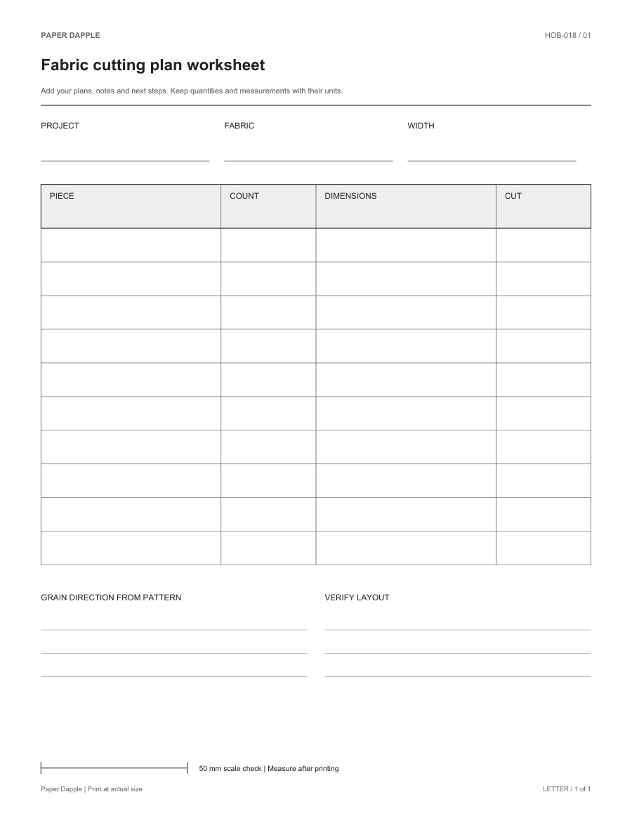 Preview of Fabric cutting plan worksheet
