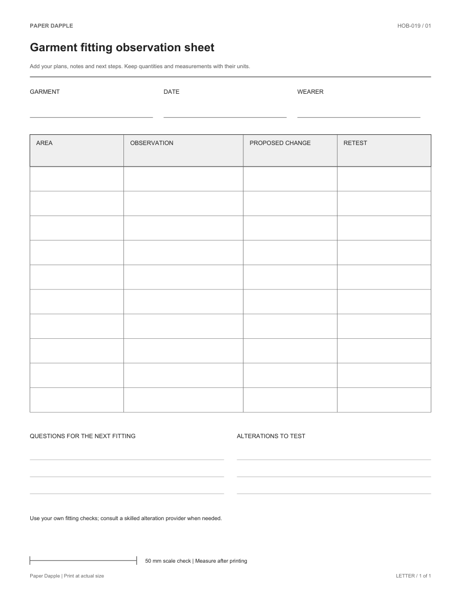 Preview of Garment fitting observation sheet