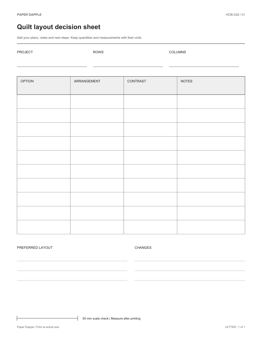 Preview of Quilt layout decision sheet