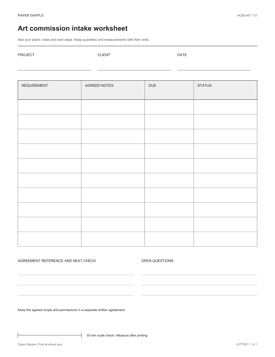 Preview of Art commission intake worksheet