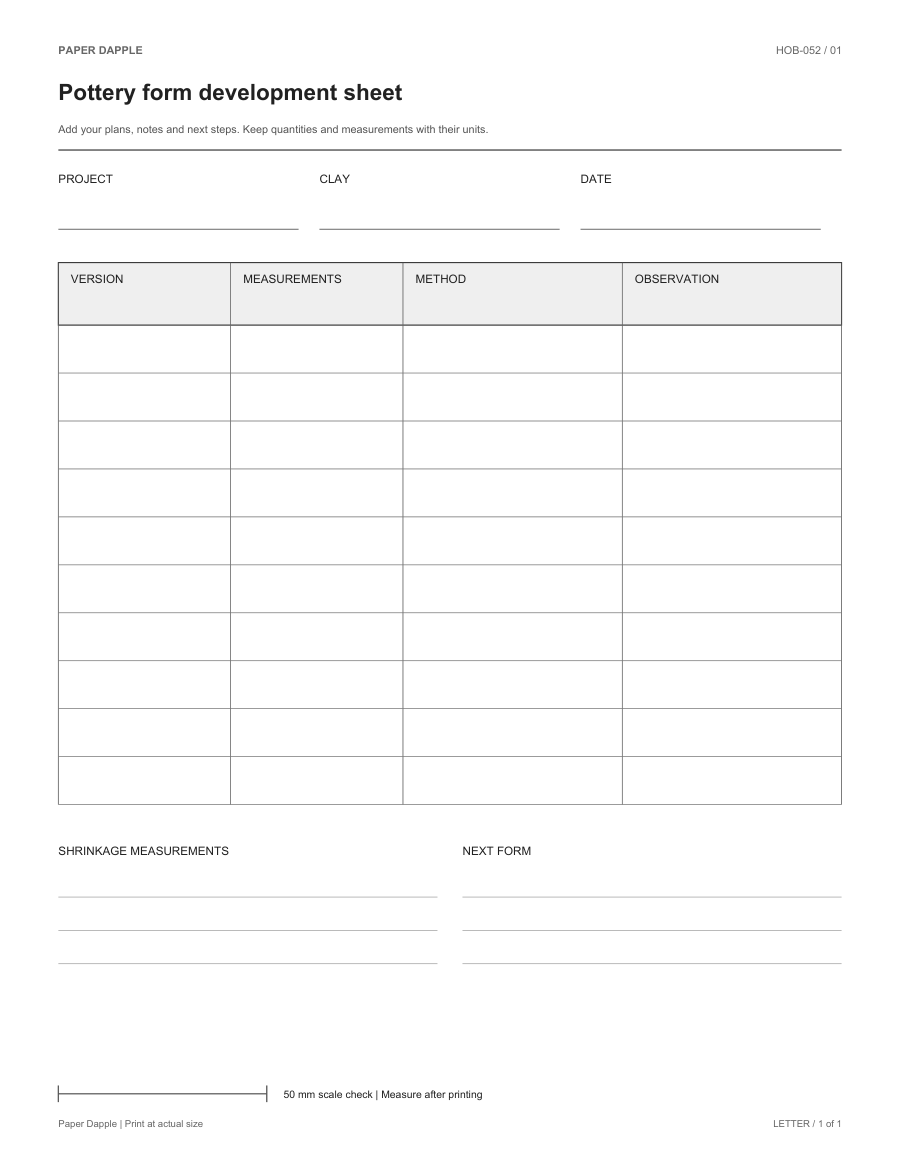 Preview of Pottery form development sheet