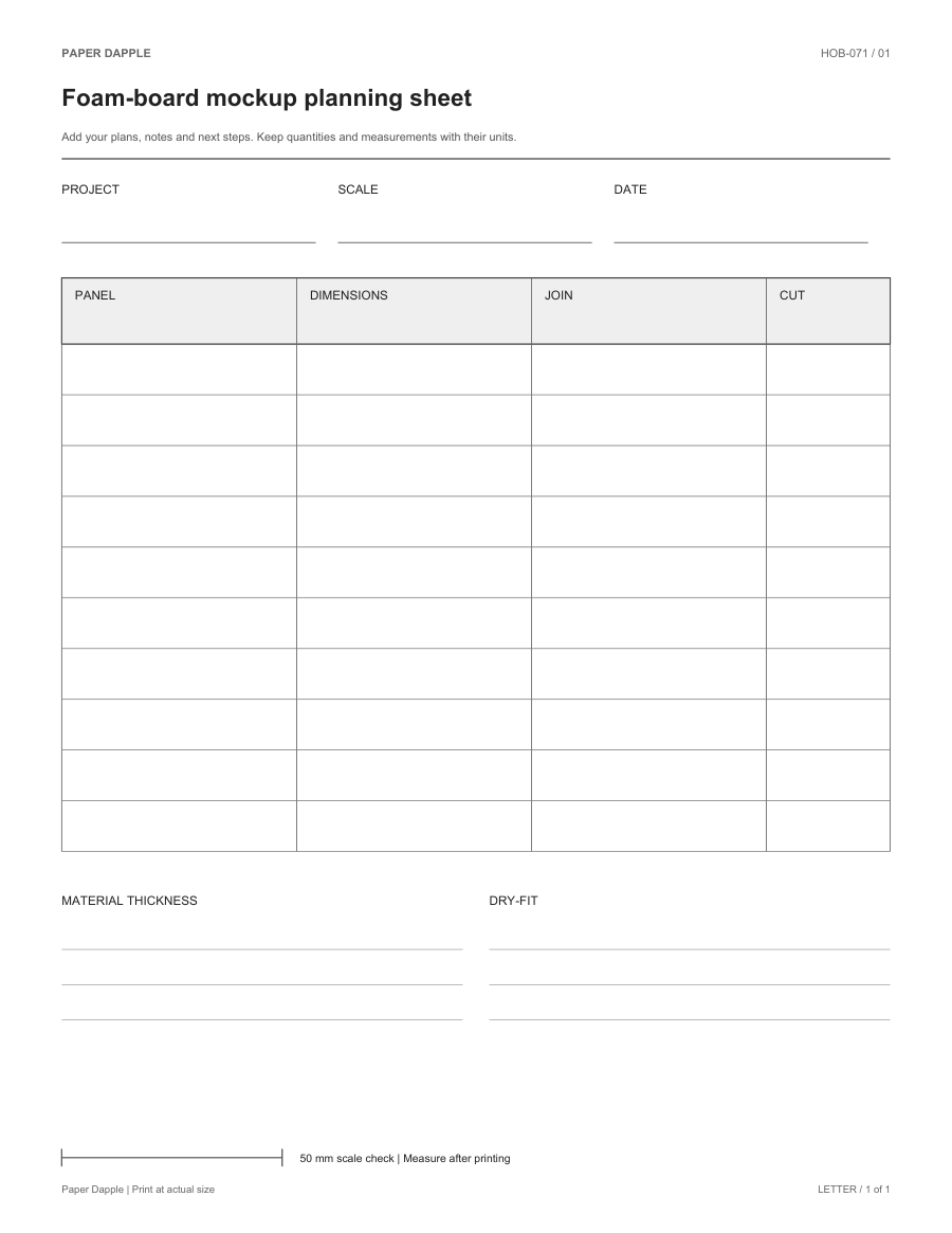 Preview of Foam-board mockup planning sheet