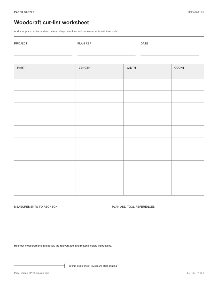 Preview of Woodcraft cut-list worksheet