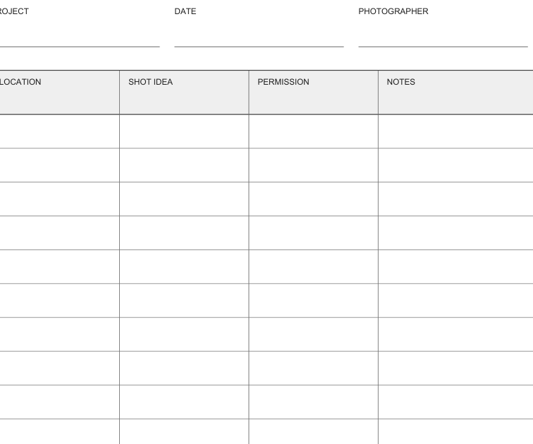 Preview of Photography location planning sheet