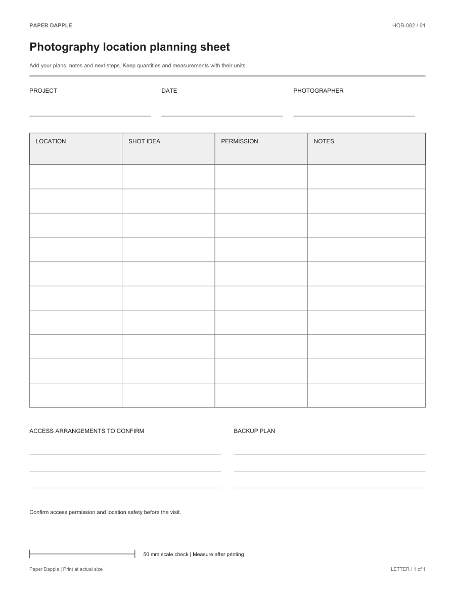 Preview of Photography location planning sheet
