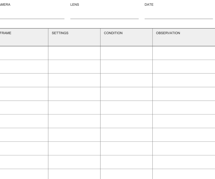 Preview of Camera settings experiment log